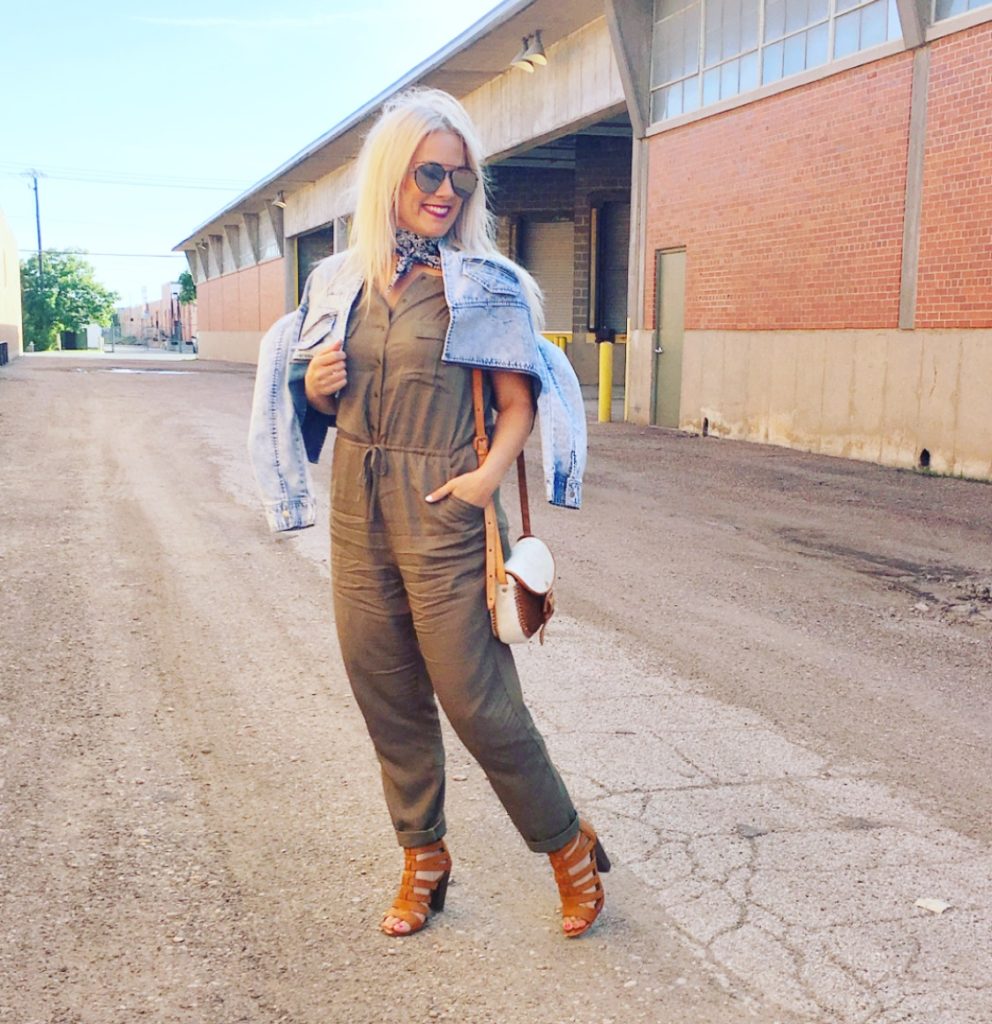 olive green denim jumpsuit